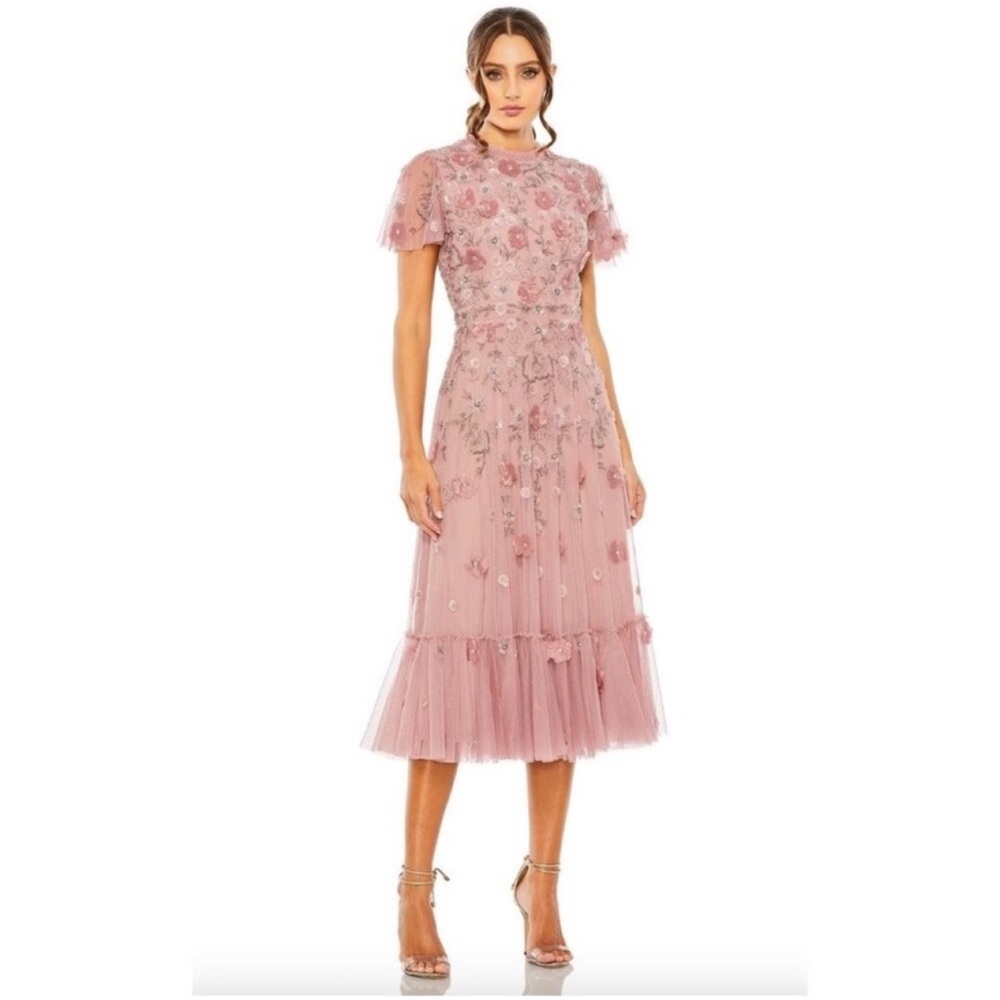 Mac Duggal Pink Floral Embroidered Midi Dress